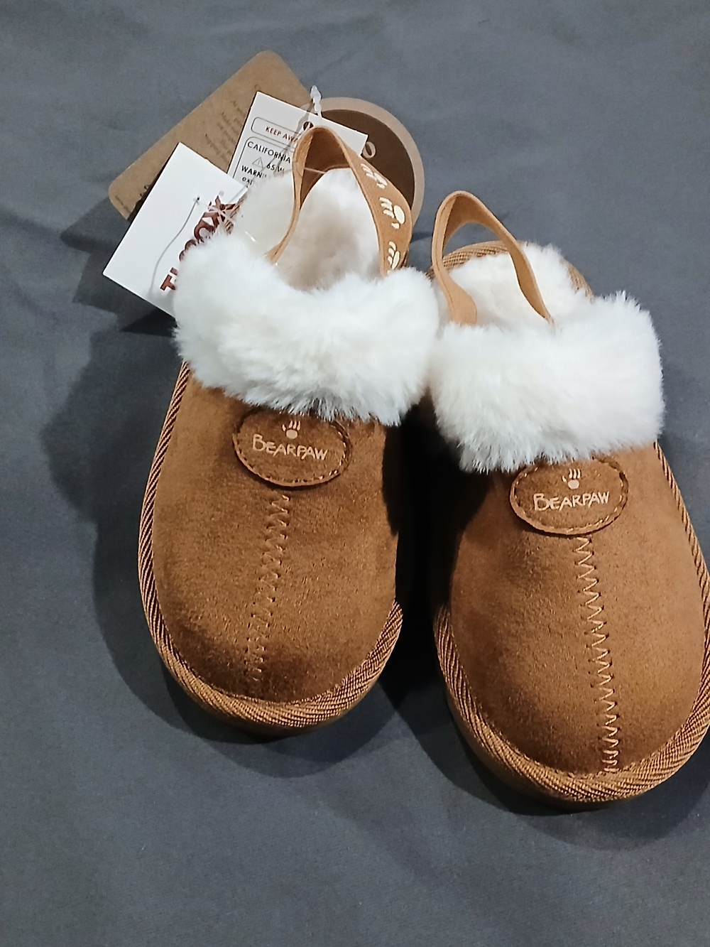 BEARPAW Brown Suede Shearling Clog Slippers with White Fur Trim